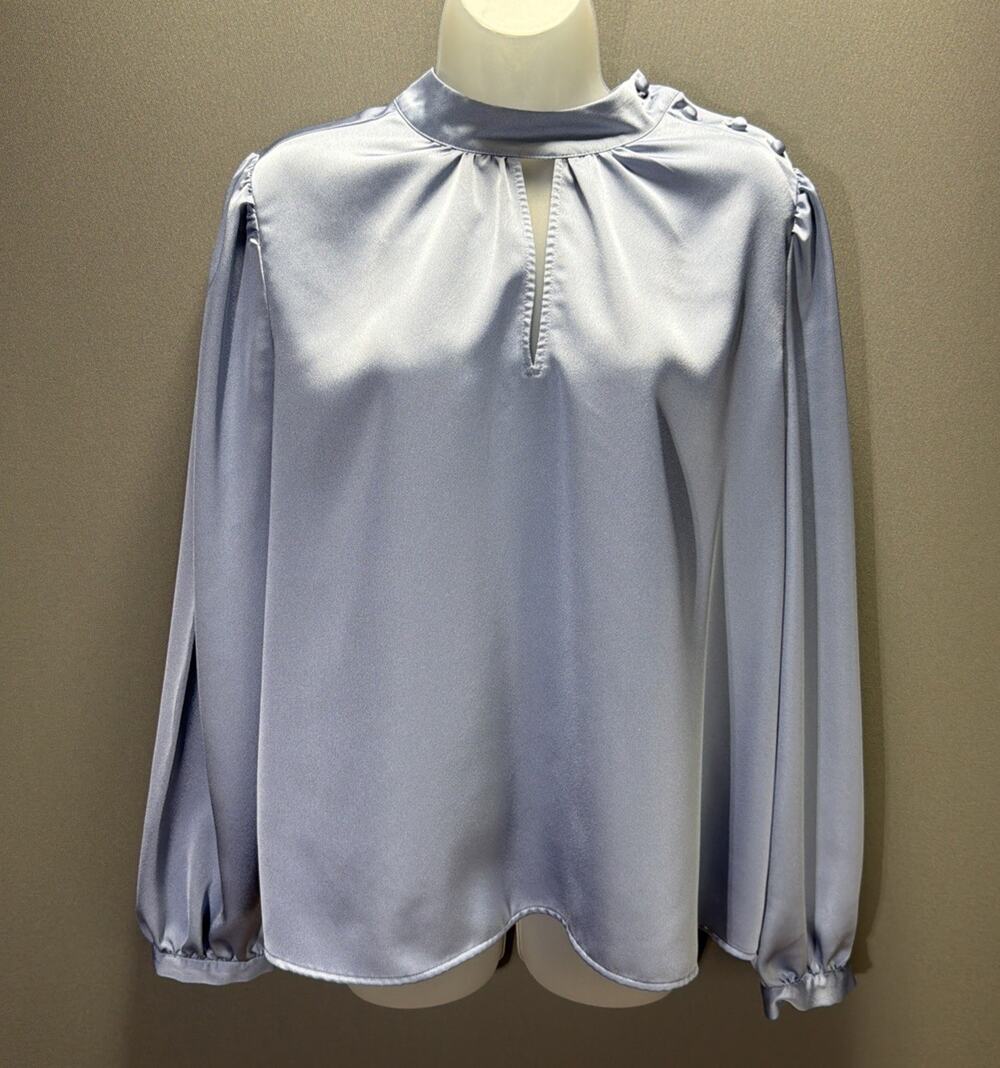 LOFT Blue Satin Blouse Mock Neck Keyhole Puff Sleeve Button Long Sleeve S
